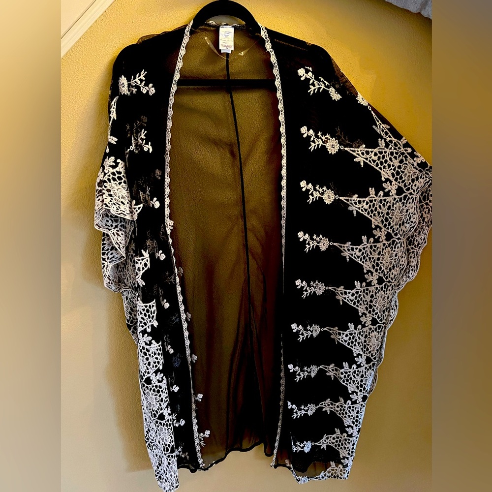 Black, sheer 42” long duster with white embroidery